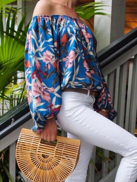 Zara Tops - Zara blue tropical Cruise Vaca print off-shoulder bodysuit M
